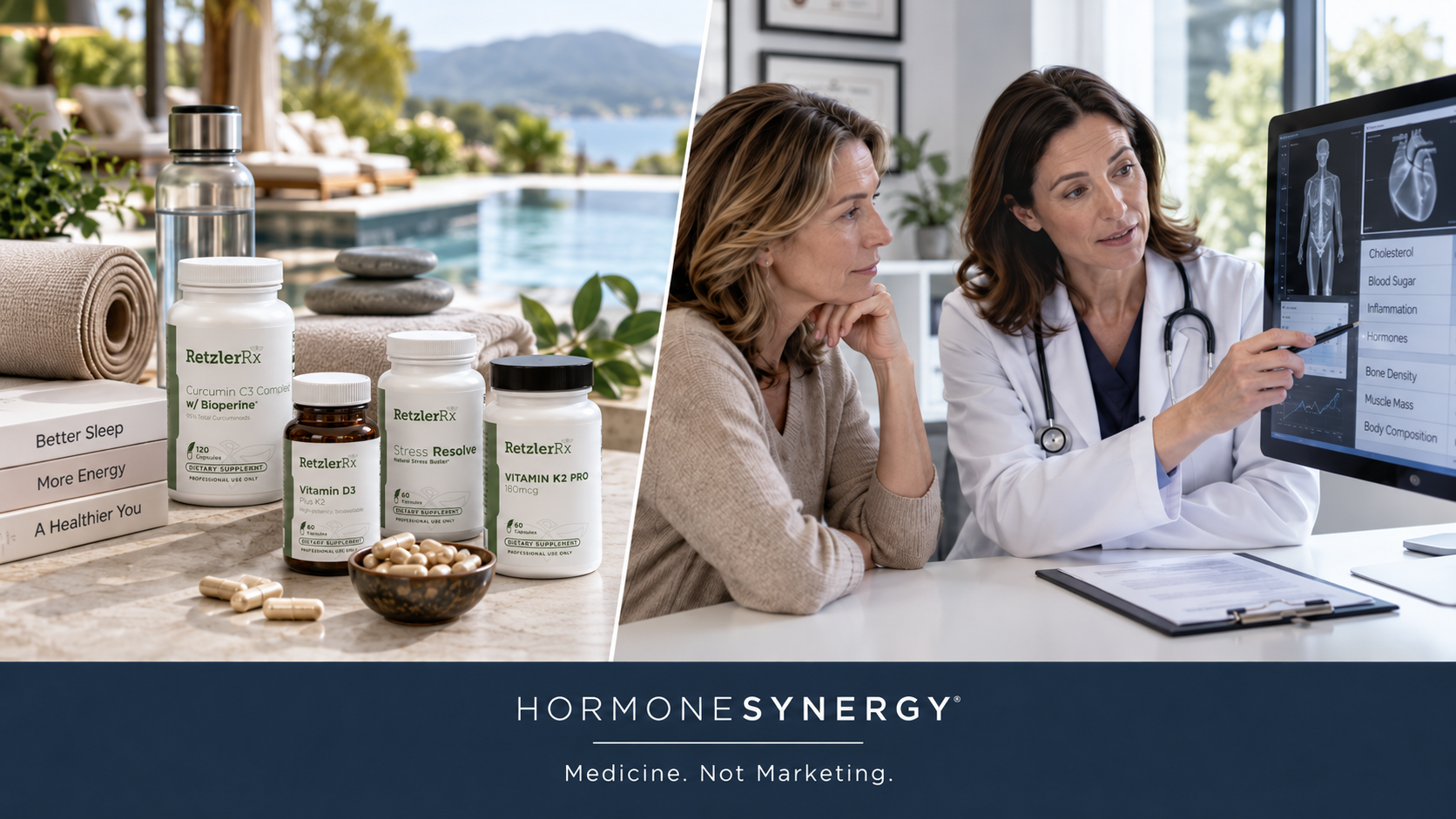 HormoneSynergy® editorial illustration contrasting the growing wellness industry with physician-guided preventive longevity medicine and evidence-based health assessment.