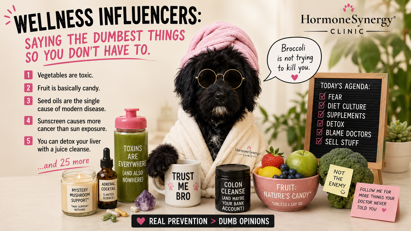 HormoneSynergy® Clinic satirical wellness influencer image featuring Aria the black puppy in spa attire surrounded by exaggerated wellness products, fruit, broccoli, and the message that real prevention is better than dumb opinions.