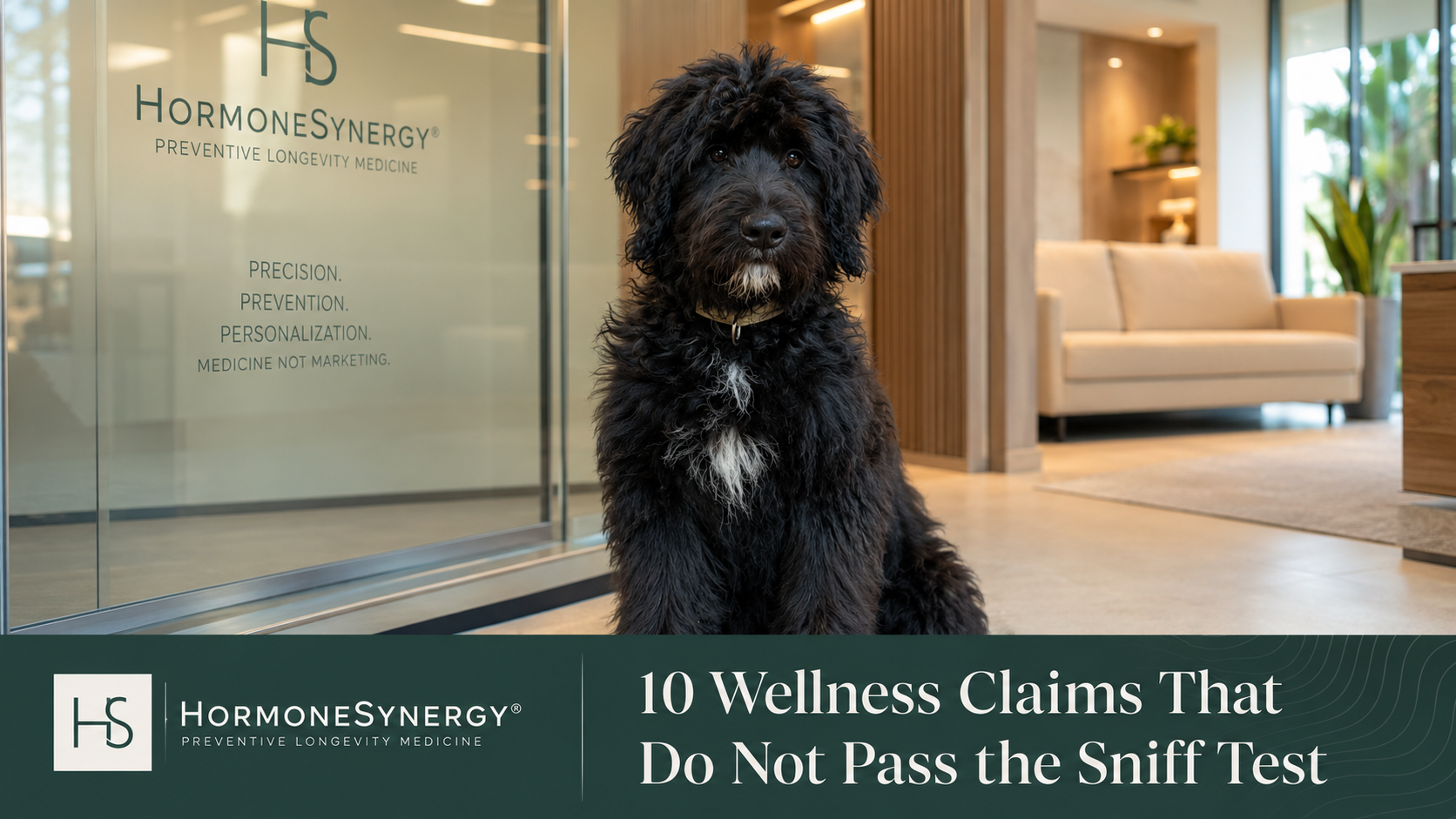 Aria, a black Shepadoodle, sitting alert near HormoneSynergy clinic glass as an editorial watchdog for wellness influencer red flags.