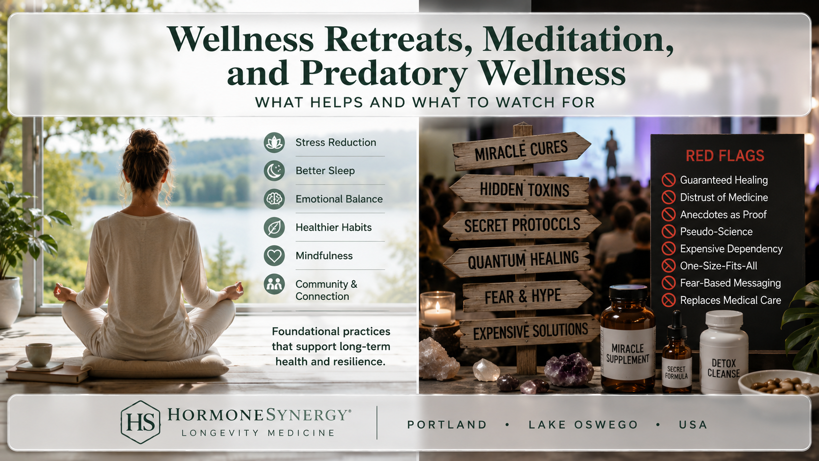 Wellness retreat and meditation concept with evidence-based longevity medicine perspective on mindfulness and predatory wellness marketing