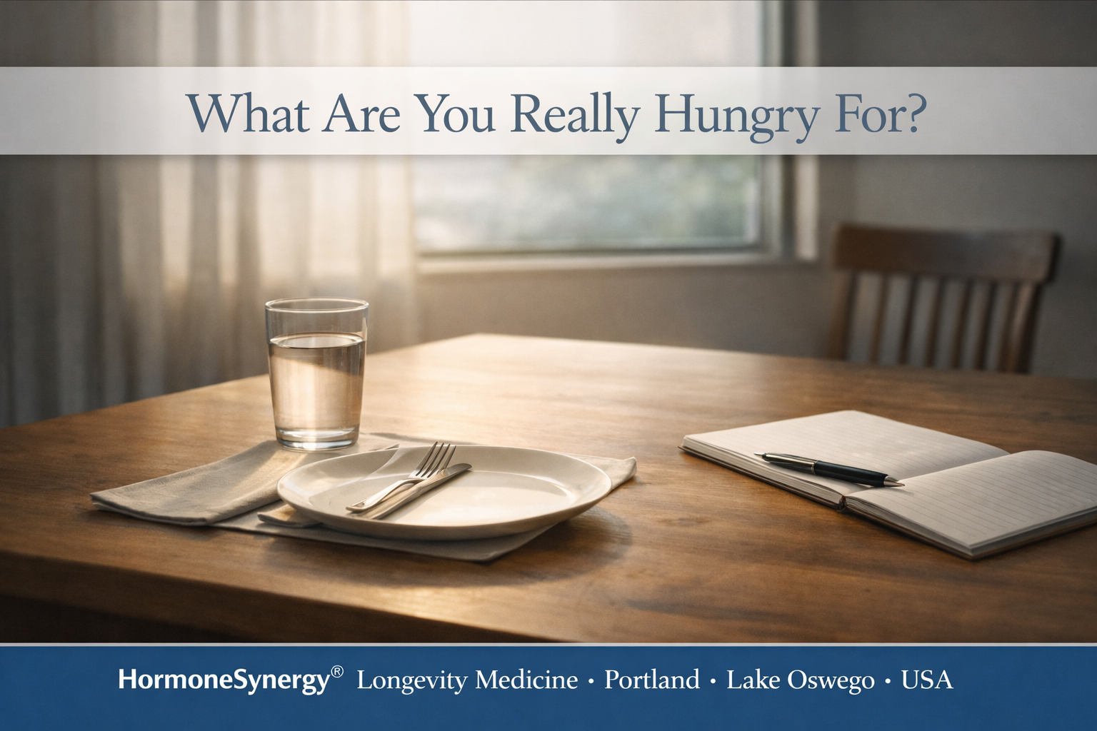 What Are You Really Hungry For? hero image for HormoneSynergy® Longevity Medicine showing a quiet dining table with a place setting, water glass, and open journal representing emotional hunger, appetite, comfort, and unmet need