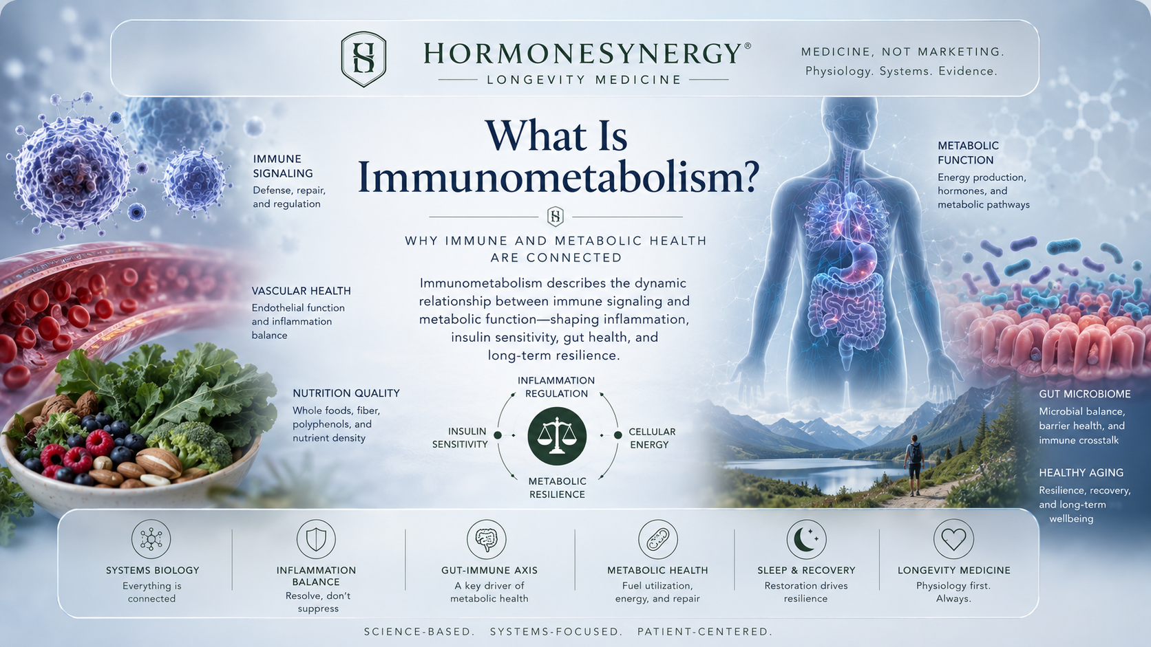 Immunometabolism, immune signaling, metabolic health, inflammation, gut health, and longevity medicine educational illustration for HormoneSynergy®