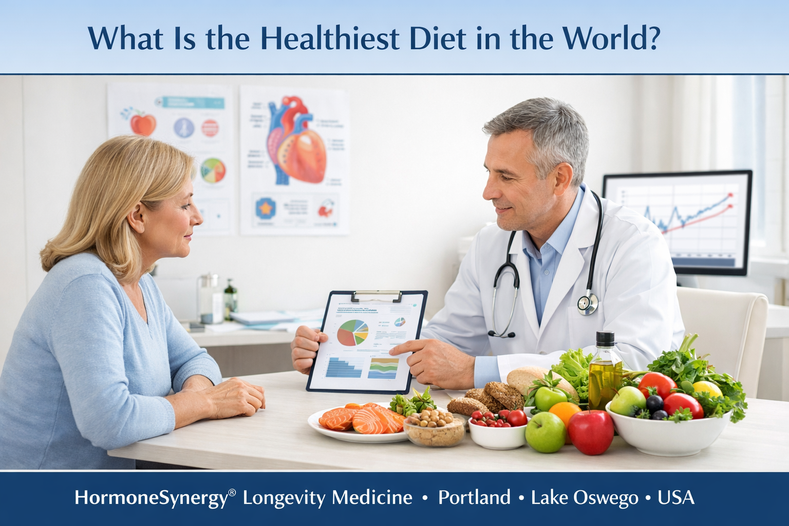 Physician explaining the healthiest diet in the world using Mediterranean nutrition, plant-forward eating, and longevity research at HormoneSynergy® Longevity Medicine in Portland and Lake Oswego.