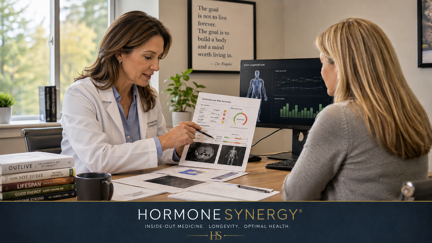 Physician reviewing lab work and longevity medicine planning with a patient in a calm clinical consultation room.