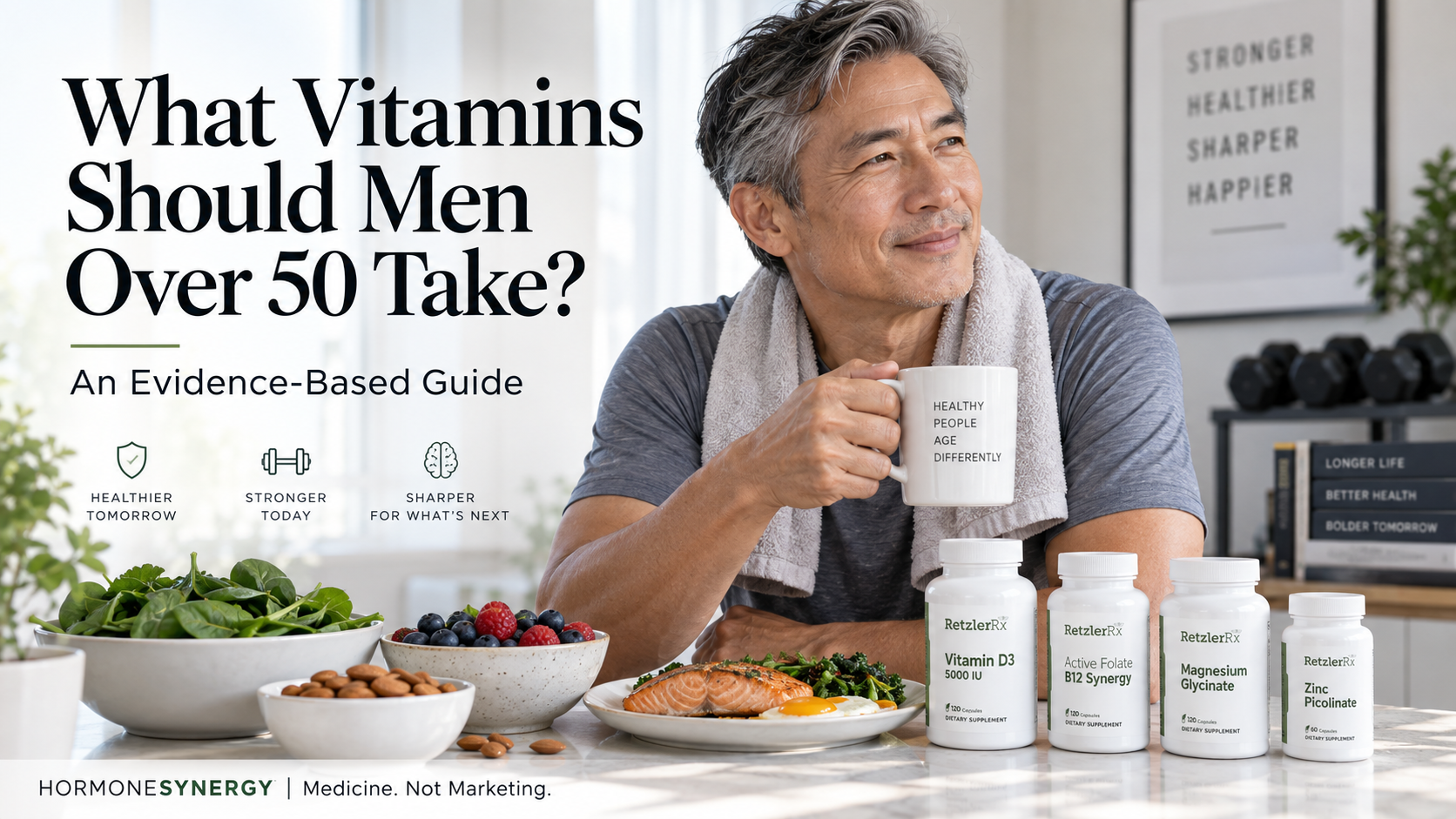 Man over 50 with nutrient-rich foods and supplements for evidence-based healthy aging and nutrition