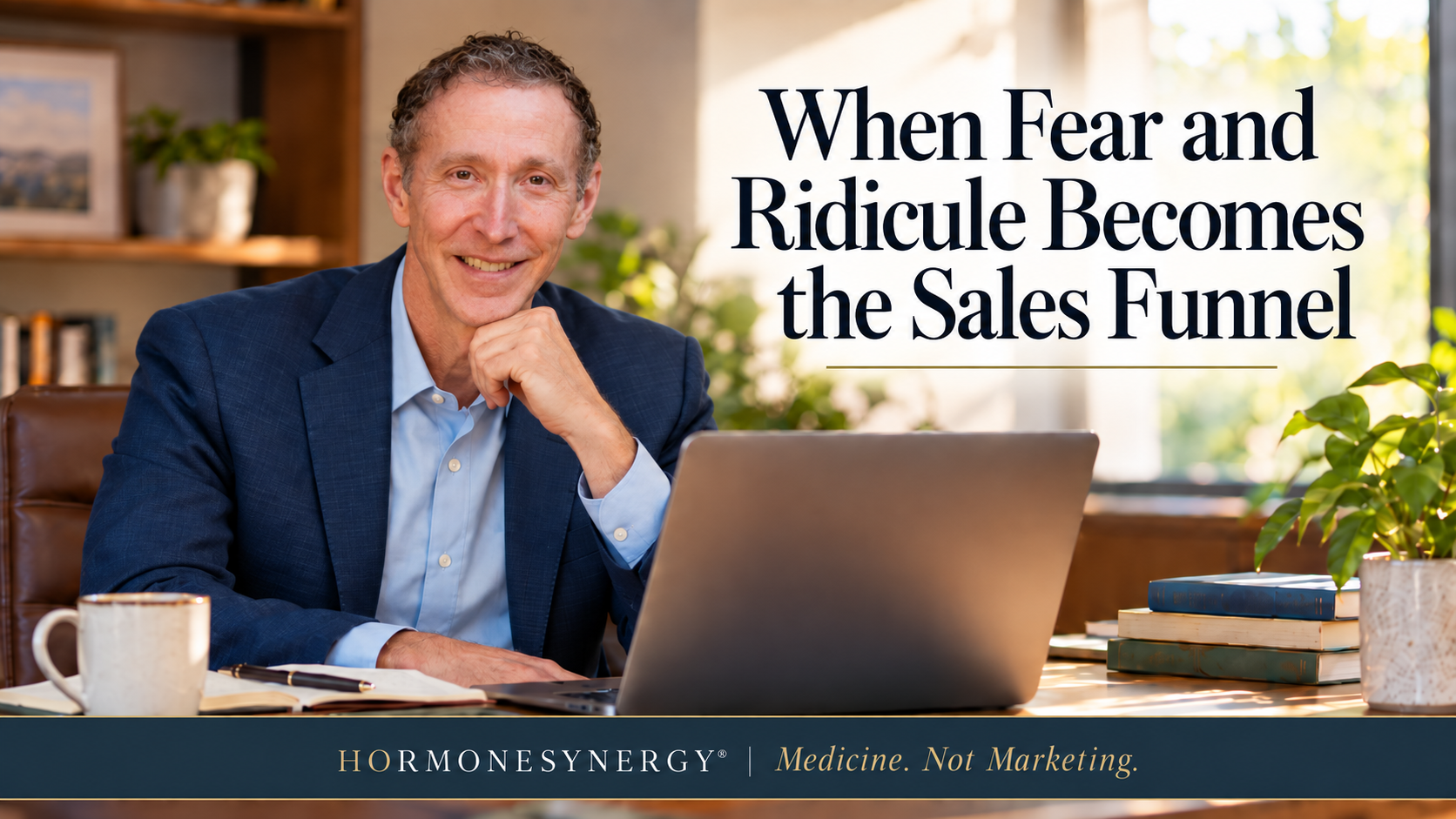 Editorial image of a man reflecting on online wellness claims, fear-based health marketing, compassion, and medical misinformation.