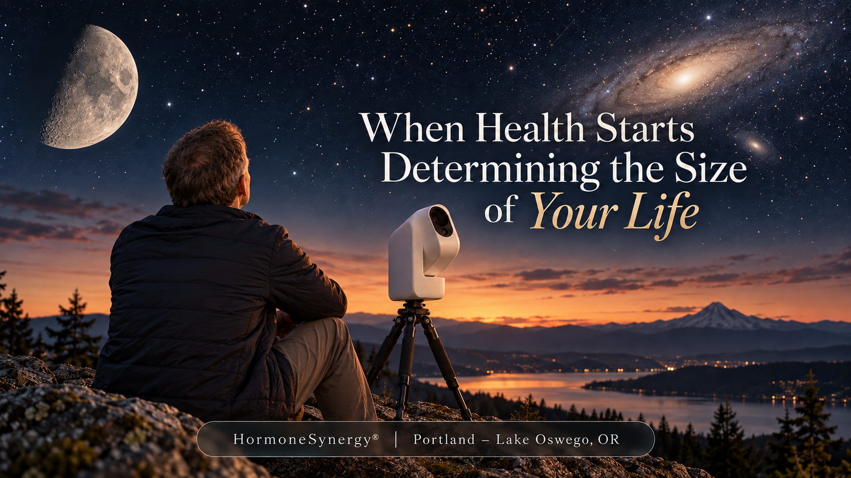 Daniel Soule stargazing beside a telescope under the moon and Andromeda Galaxy, illustrating healthy aging, curiosity, travel, and preserving the ability to keep exploring life.