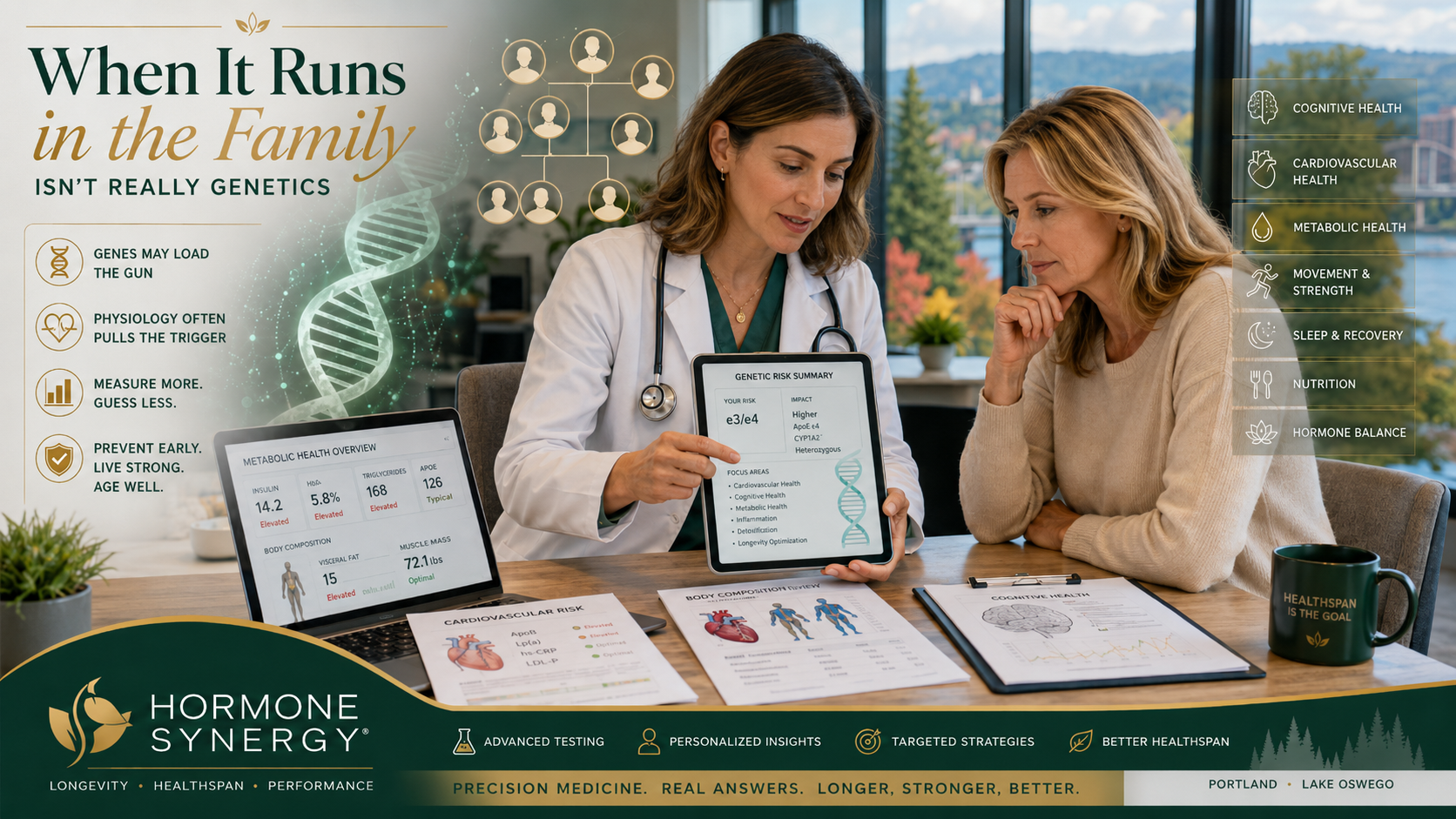 HormoneSynergy physician reviewing family history, genetic risk, and metabolic health testing with a patient in a modern Portland longevity medicine clinic.