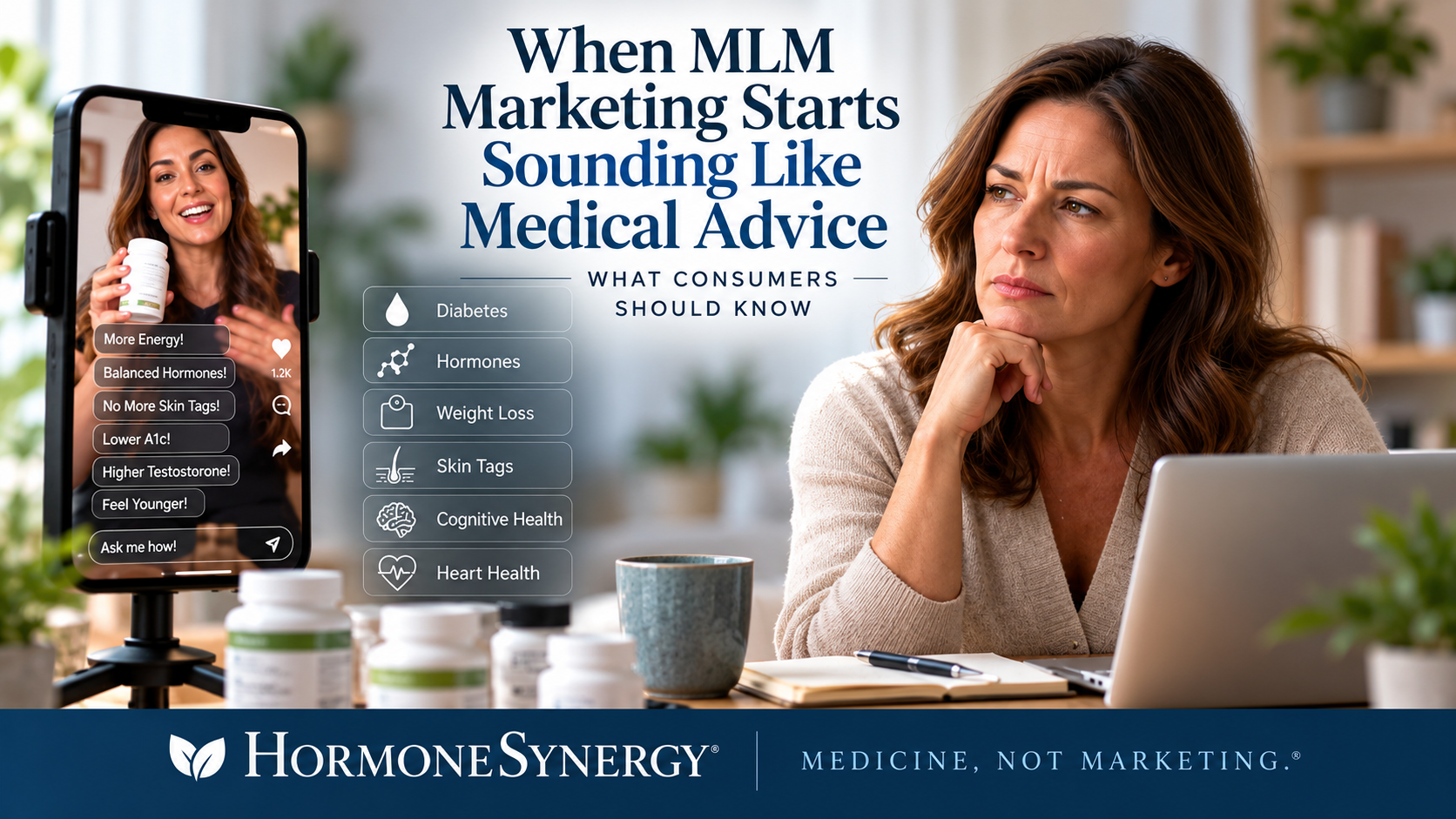 HormoneSynergy® editorial image showing a social media supplement seller making health claims about diabetes, hormones, weight loss, skin tags, cognitive health, and heart health while a consumer evaluates the information critically.