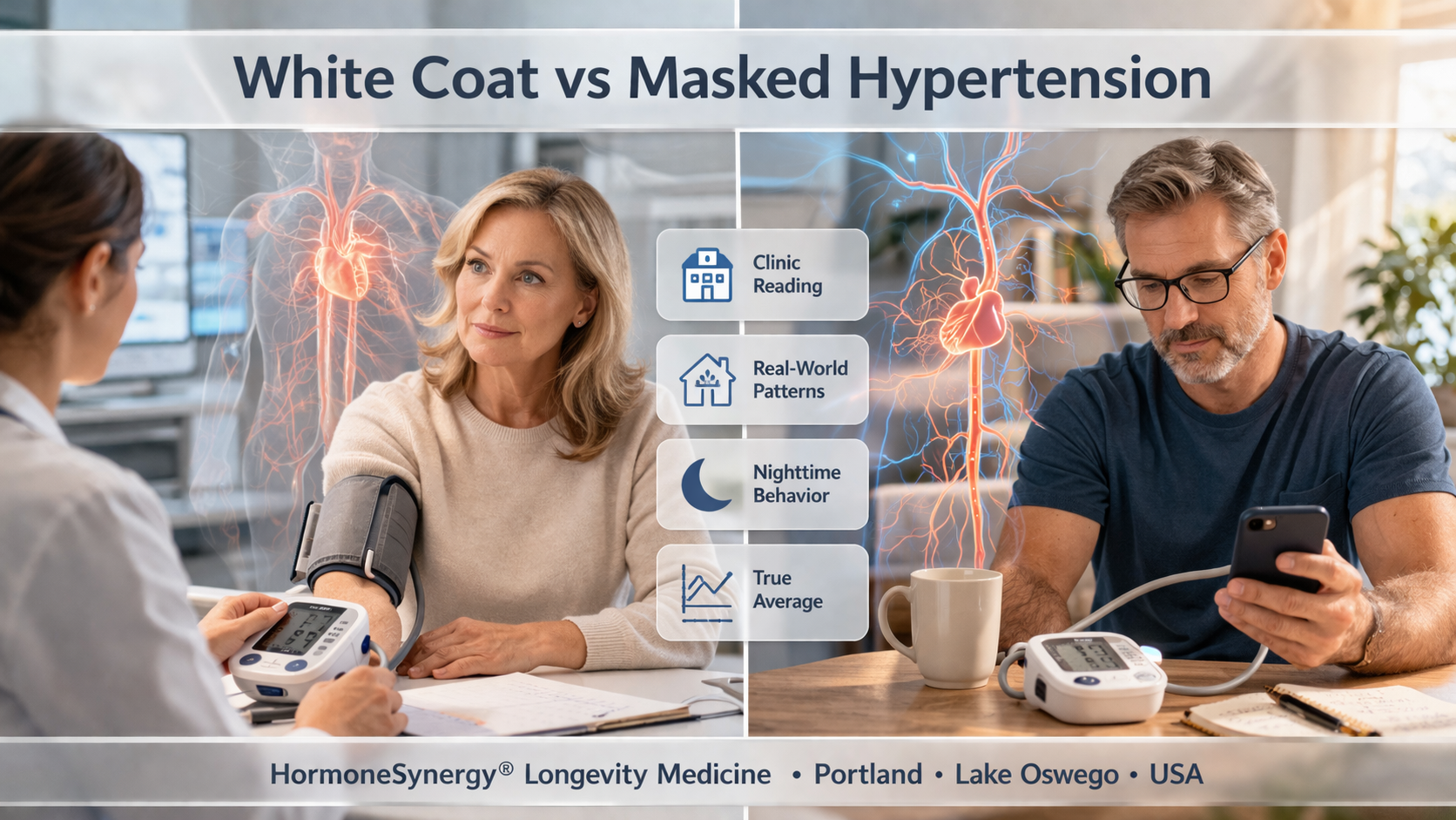 Comparison of white coat and masked hypertension showing clinic versus real-world blood pressure patterns
