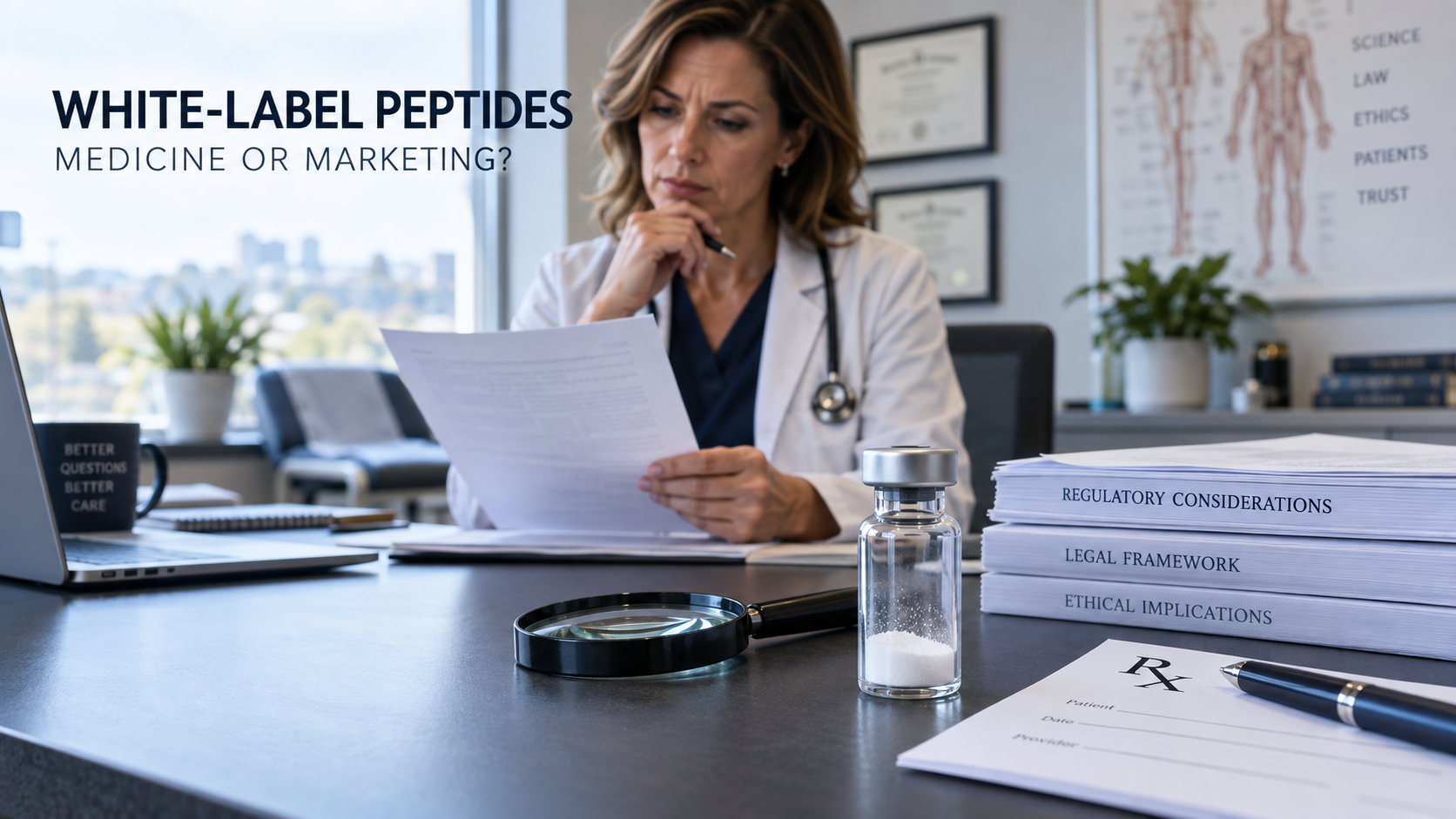 Physician reviewing regulatory documents beside an unbranded peptide vial, illustrating the medical, legal and ethical concerns surrounding white-label peptides.
