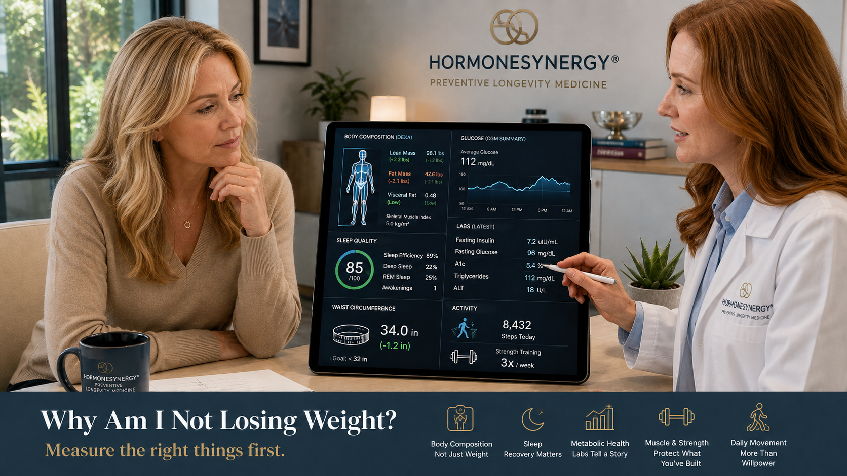 Midlife patient and clinician reviewing body composition, sleep, and metabolic health data during a HormoneSynergy preventive longevity medicine consultation.