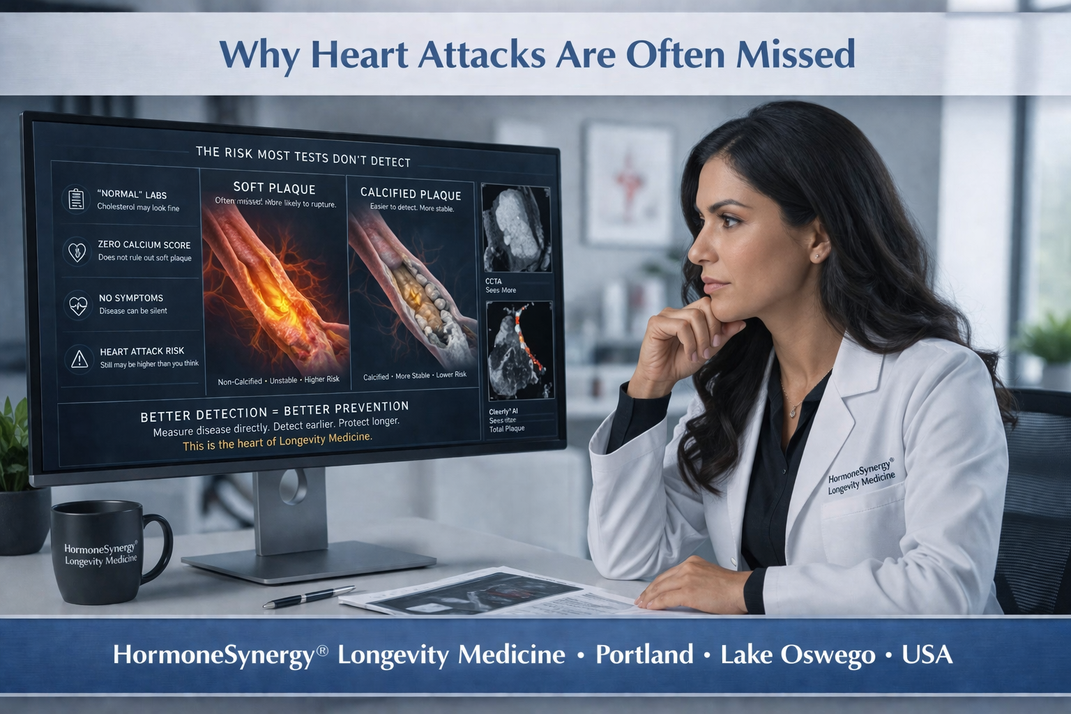 Female physician reviewing cardiovascular imaging showing soft plaque and calcified plaque explaining why heart attacks are often missed in longevity medicine