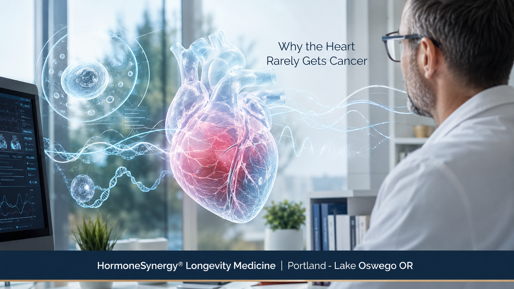 Editorial medical image showing heartbeat mechanics and mechanobiology concepts related to why the heart rarely develops cancer, from HormoneSynergy Longevity Medicine in Portland and Lake Oswego, Oregon.