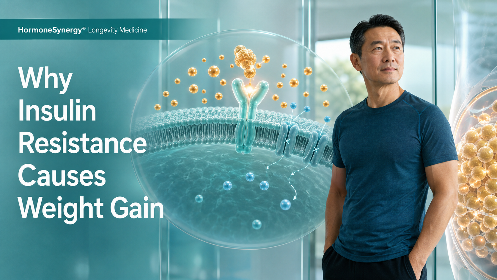 HormoneSynergy® illustration showing impaired insulin signaling, reduced glucose entry into cells and its relationship to weight gain.