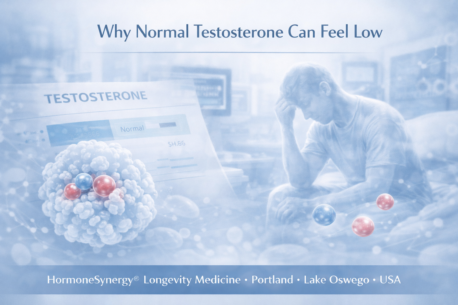 Clinical editorial image illustrating why normal testosterone can still feel low, with SHBG binding and reduced hormone availability concepts in longevity medicine.
