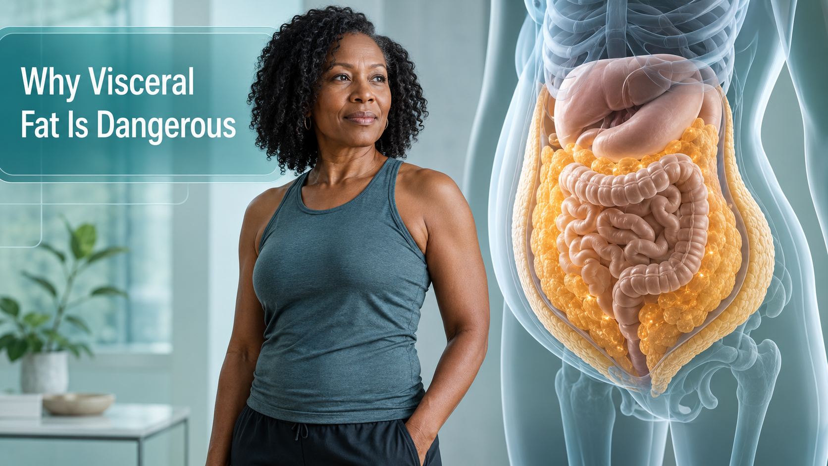 HormoneSynergy® illustration showing visceral fat surrounding the abdominal organs beside an active midlife woman.
