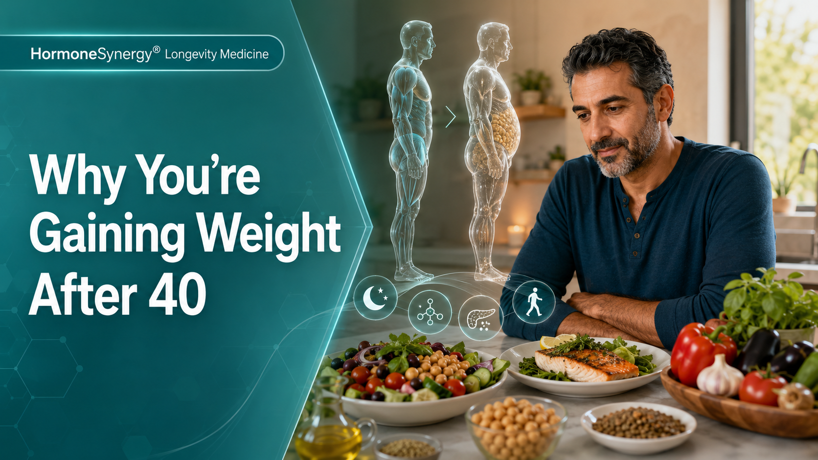 HormoneSynergy® illustration showing a man over 40 with healthy food and changes in muscle, abdominal fat, sleep and metabolic health.
