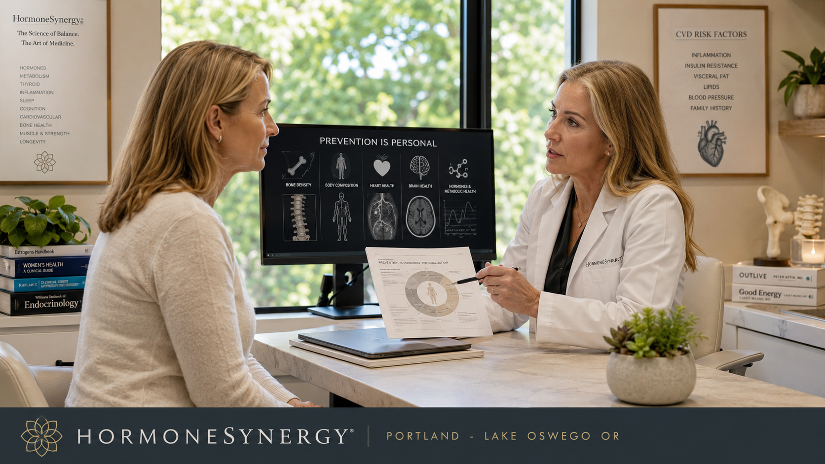 Midlife woman in a prevention-focused longevity medicine consultation at HormoneSynergy, with subtle cues for hormone health, bone density, cardiovascular risk, brain health, and metabolic health.