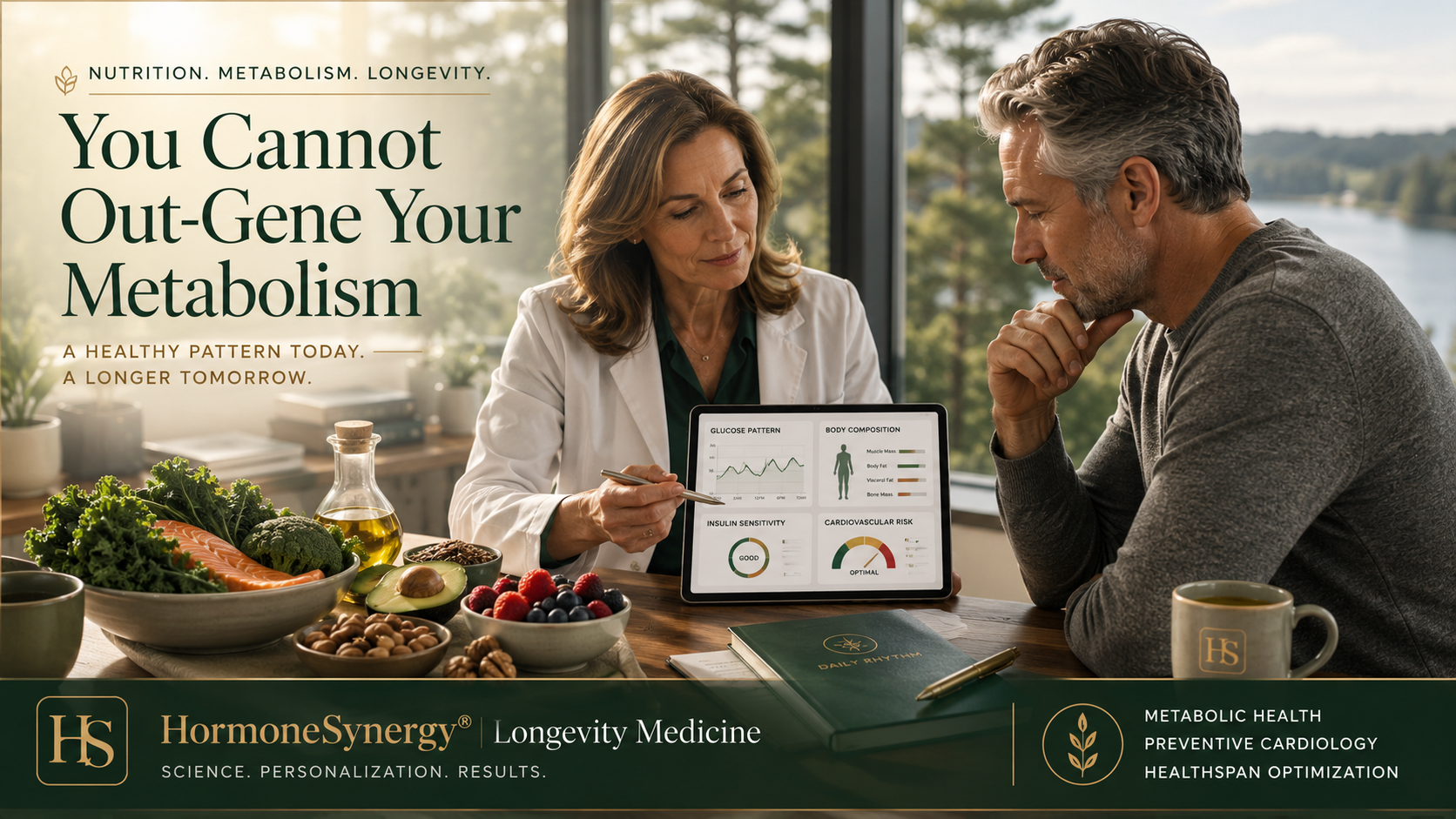Physician and patient reviewing nutrition, metabolism, and longevity data in a modern HormoneSynergy-style clinic in Lake Oswego near Portland, Oregon.