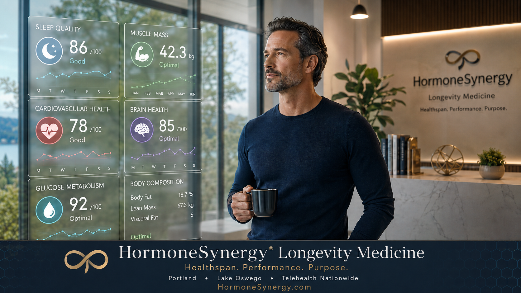 HormoneSynergy longevity medicine image showing healthspan metrics including sleep, muscle, cardiovascular health, brain health, and metabolic health.