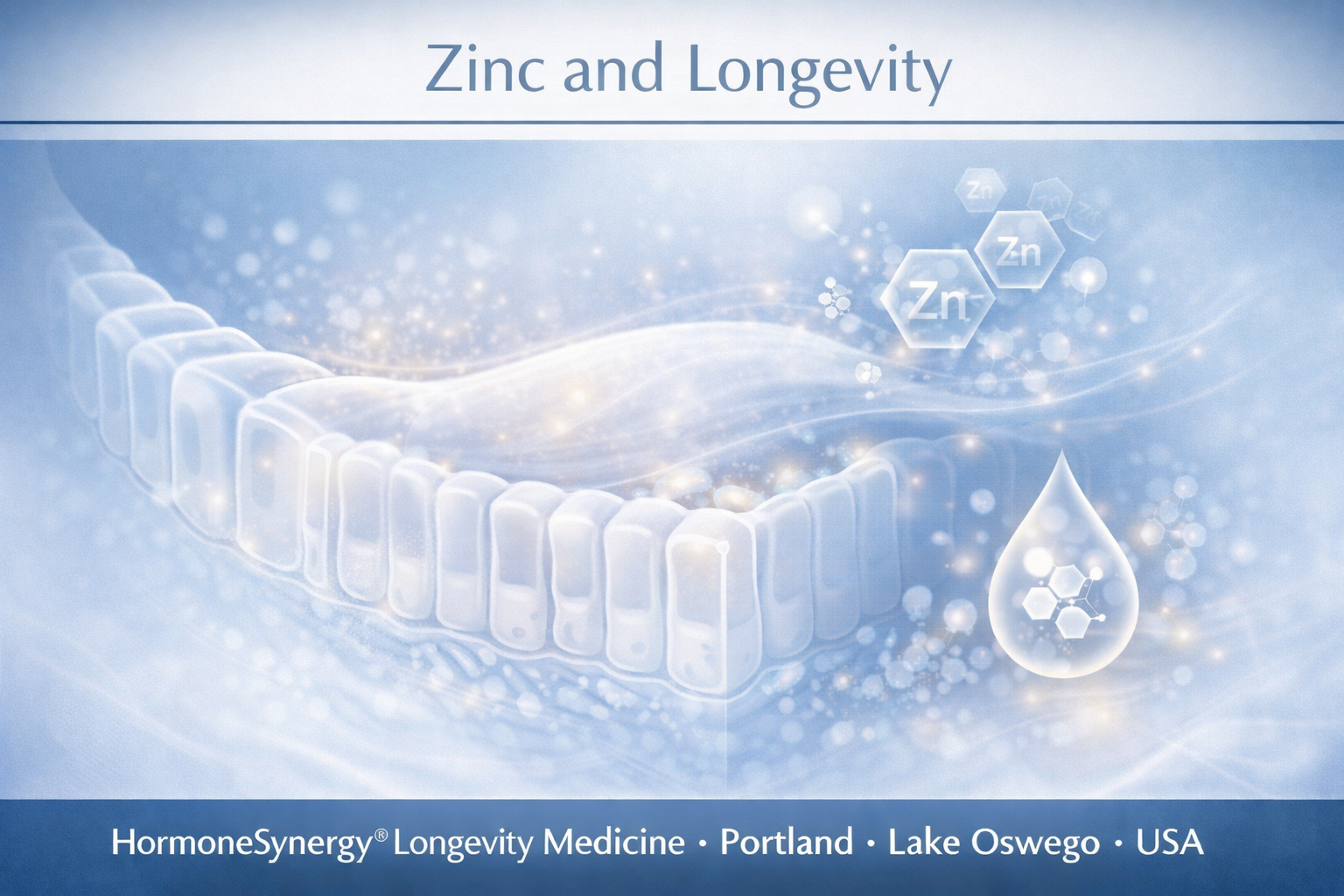 Zinc supporting gut barrier integrity and immune function in a clean clinical editorial style for HormoneSynergy® Longevity Medicine