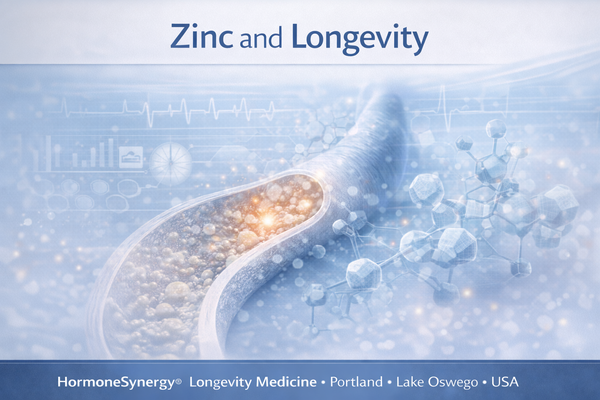 Zinc and longevity clinical illustration showing vascular and cellular environment with metabolic and immune system support in longevity medicine
