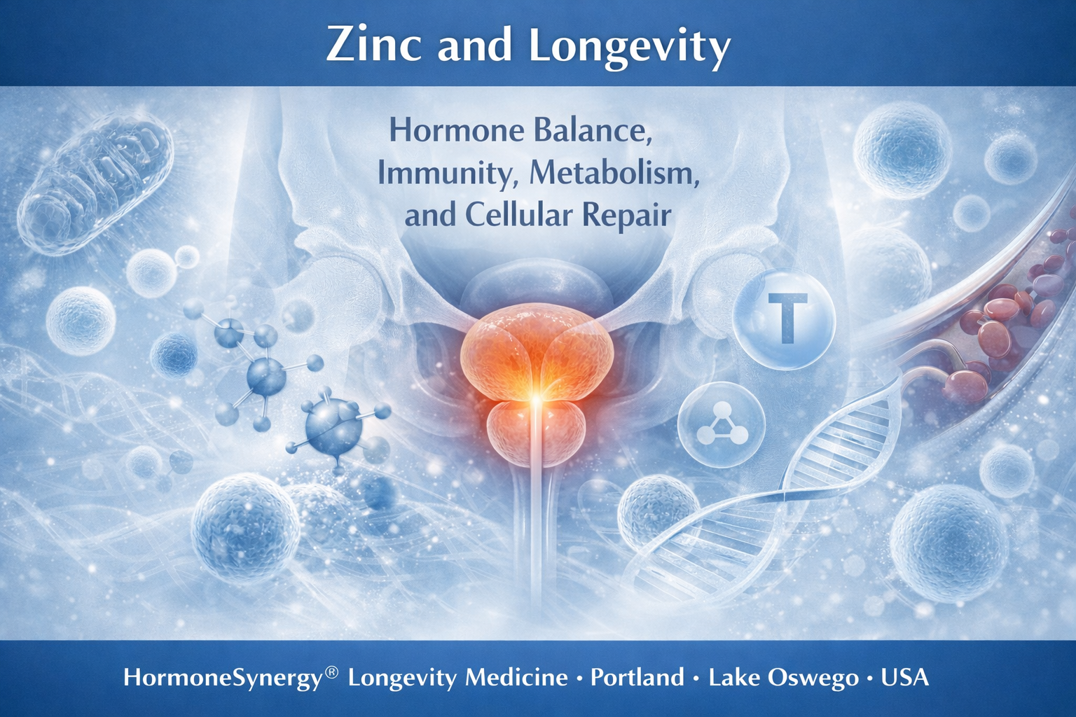 Zinc and longevity clinical illustration showing hormone balance immune resilience metabolic support and cellular repair in a clean medical editorial style