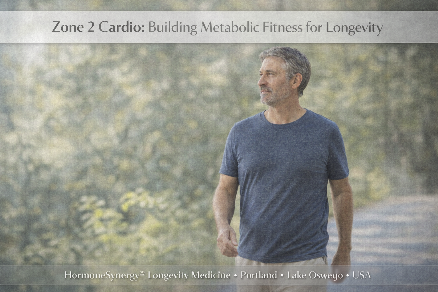 Adult walking at moderate pace in natural light representing zone 2 cardio and metabolic fitness for longevity