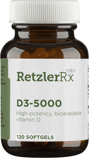 Load image into Gallery viewer, RetzlerRx High Potency Vitamin D3 5000 IU softgels for bone strength, calcium absorption, and immune support